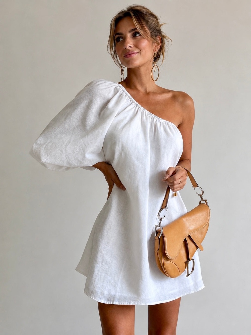 Commense  Aegean Cotton Linen One Sleeve Short Dress